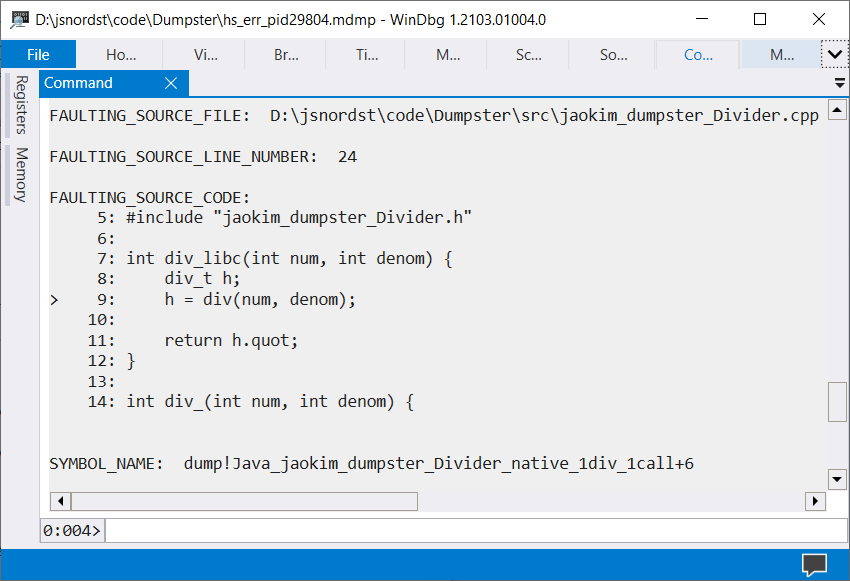 Screenshot of WinDbg showing the faulting source line.