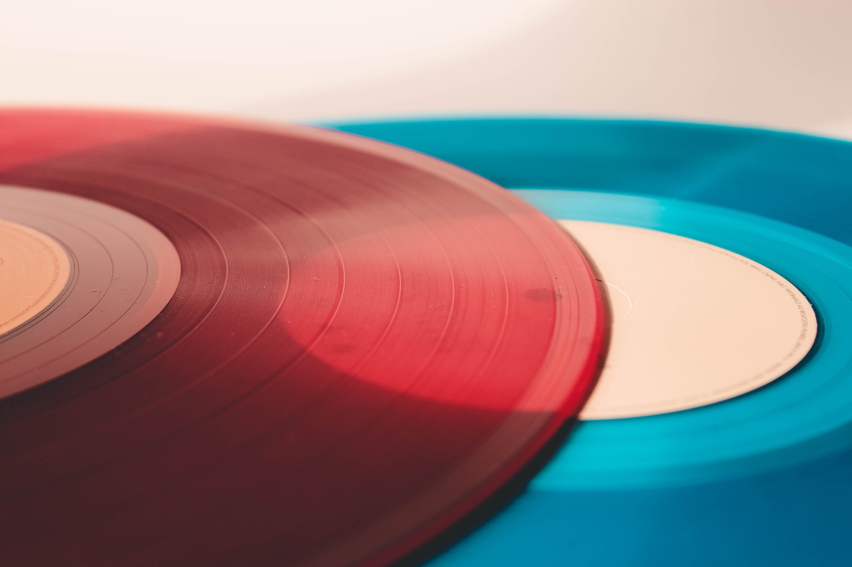Close-up of 2 colorfull vynil records